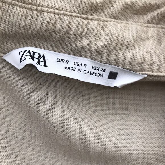 Zara Tan Linen Collared Oversized Mini Neutral Short Sleeve Casual Shirt Dress S - Picture 9 of 9